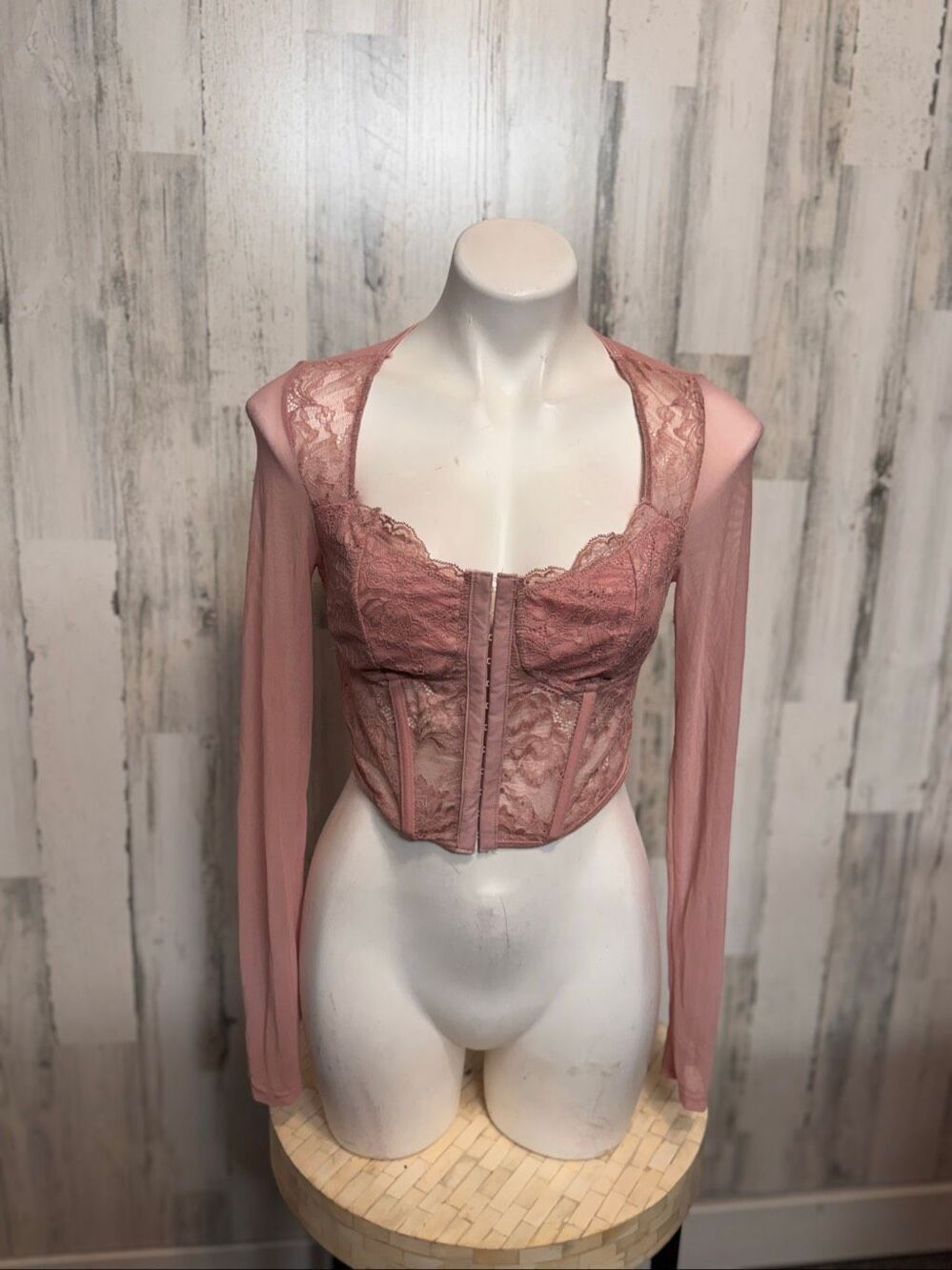 Dusty Pink Floral Lace Long Sleeve Corset Bustier Crop Top Womens M 6